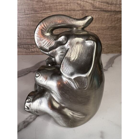 Vtg Elephant Bookend Doorstop Paperweight MCM Silver Gold Trunk Up Elephant - Picture 5 of 16